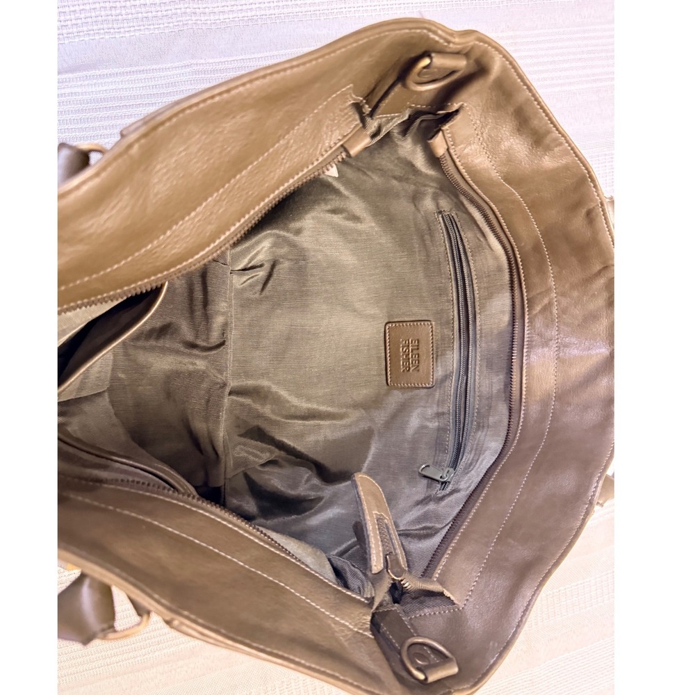 Eileen Fisher Olive Green Leather Tote Bag Hobo Handbag Brass Hardware - Picture 9 of 11